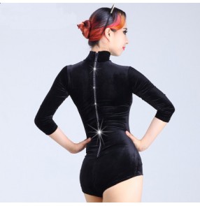 Black velvet long sleeves diamond zipper back sexy fashion women's ladies competition professional latin ballroom leotards tops jumpsuiits  bodysuits